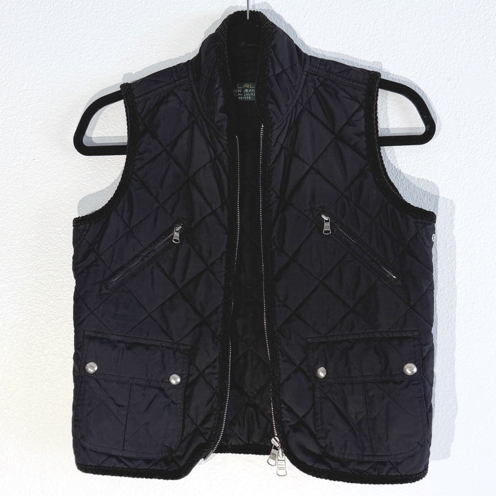 Lauren Ralph Lauren Black Quilted Vest Braided Trim Equestrian Puffer